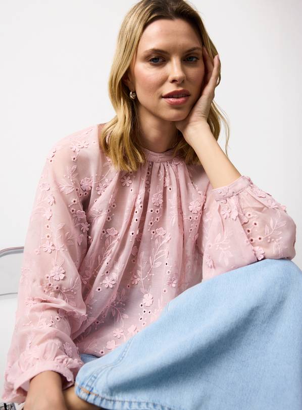 Pink Floral Embroidered Mesh Blouse 10